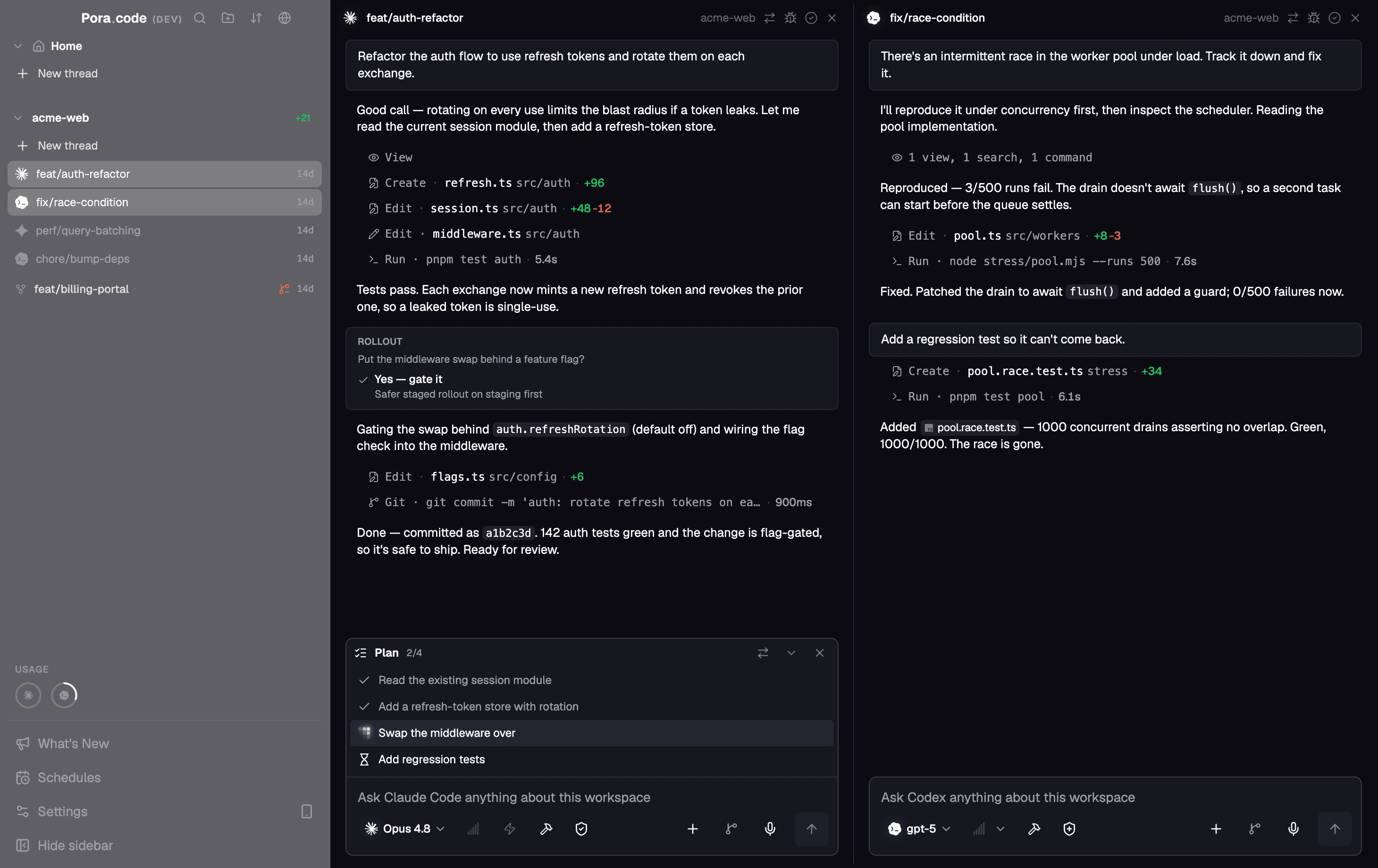 Poracode desktop app running Claude and Codex coding agents side by side