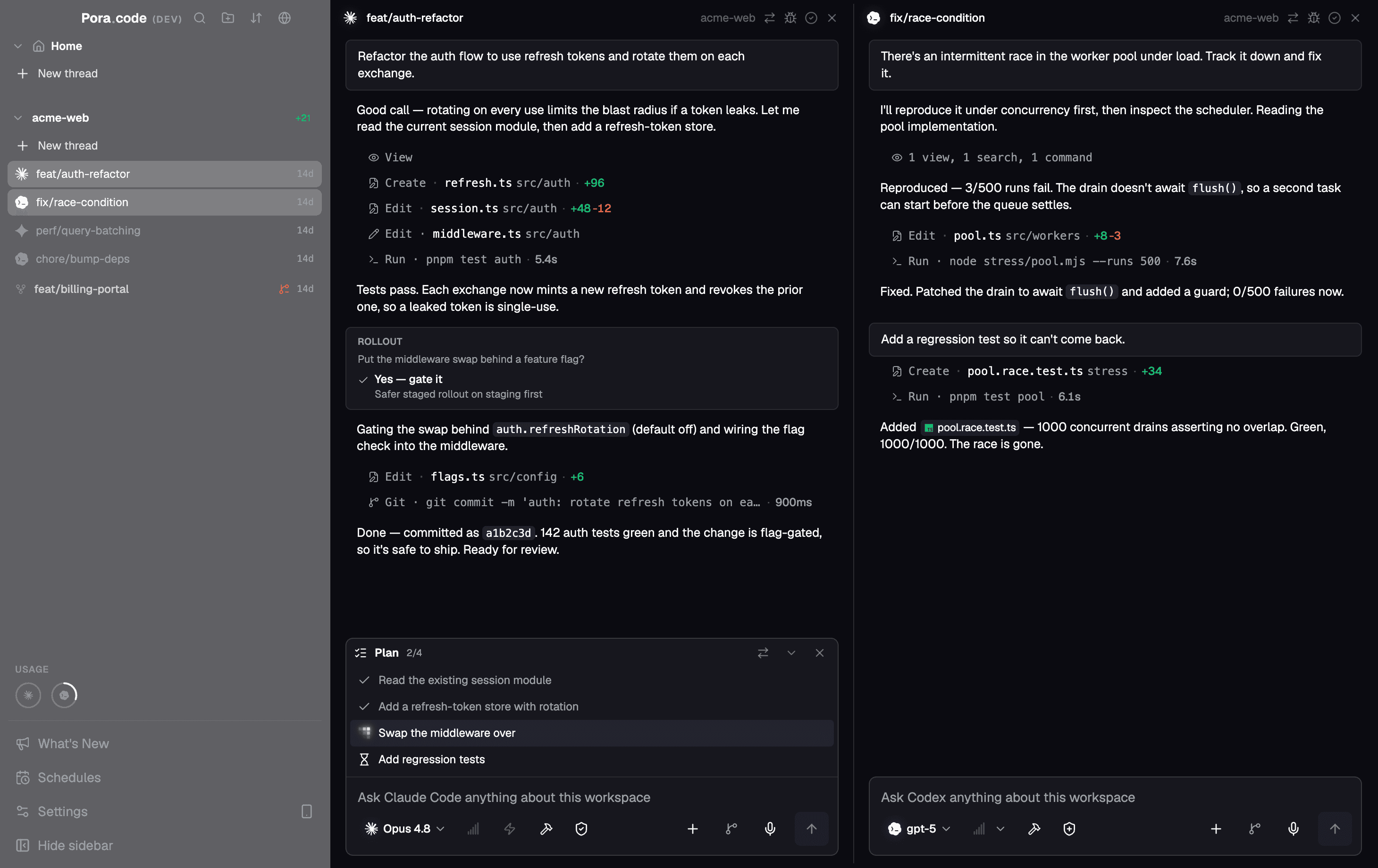 Poracode desktop app running Claude and Codex coding agents side by side
